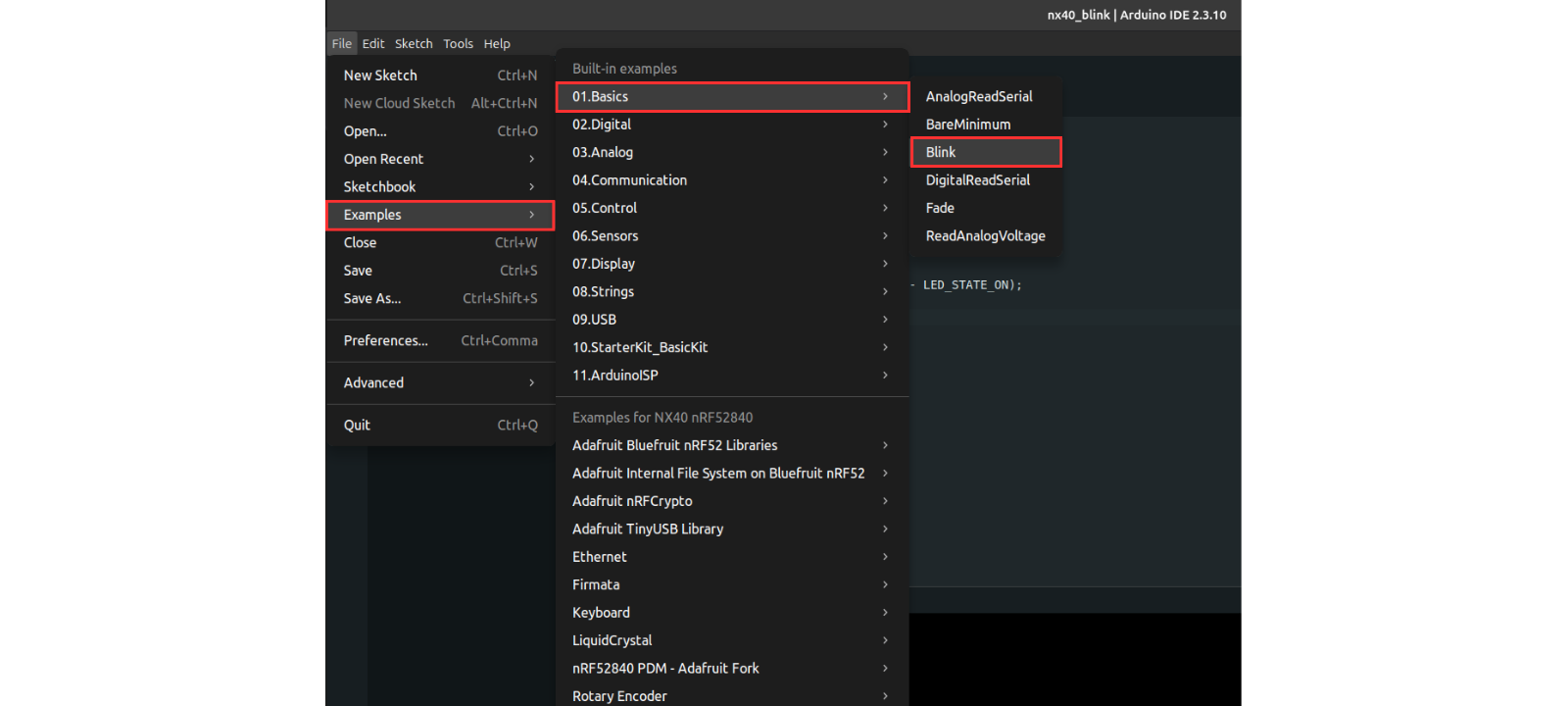 Arduino IDE menu showing File > Examples > 01.Basics > Blink