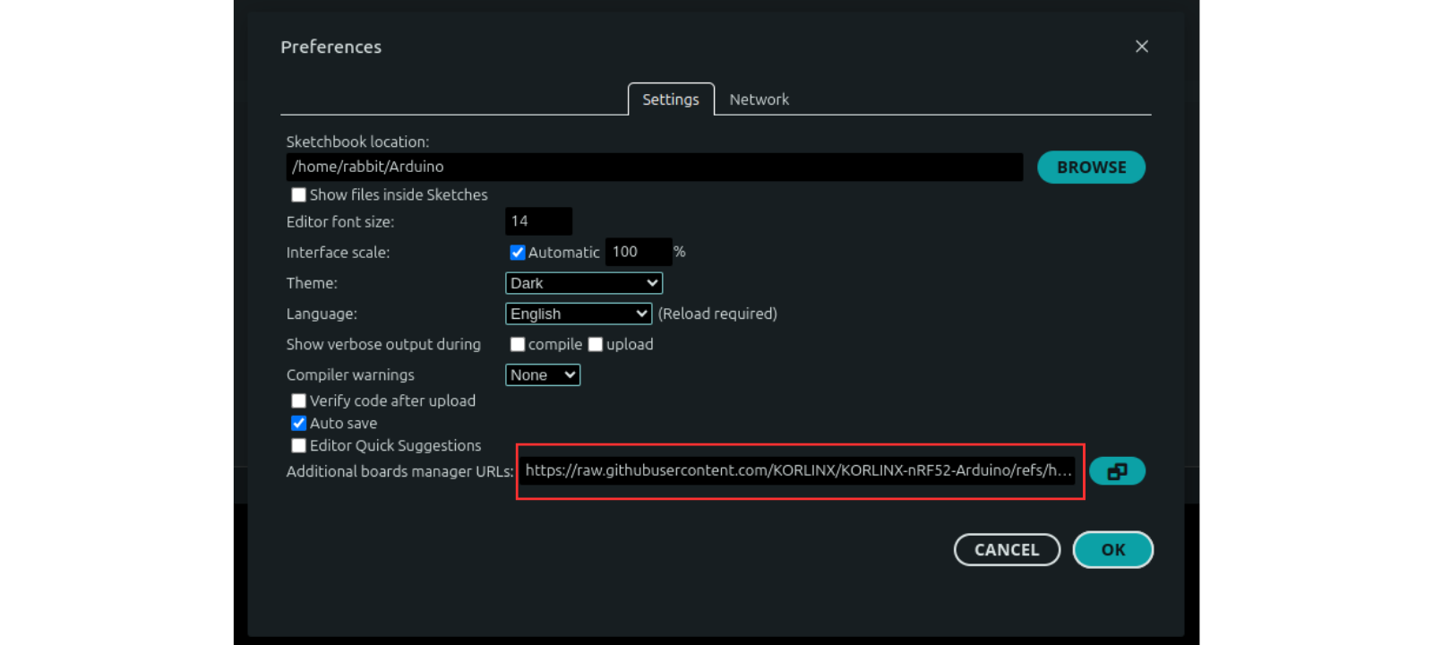 Arduino IDE Preferences showing the KORLINX package-index URL