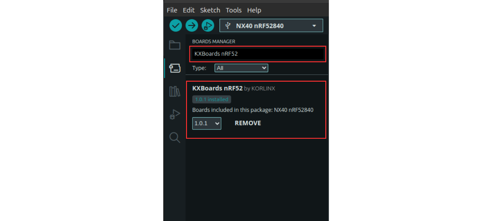 Arduino Boards Manager showing KXBoards nRF52 installed