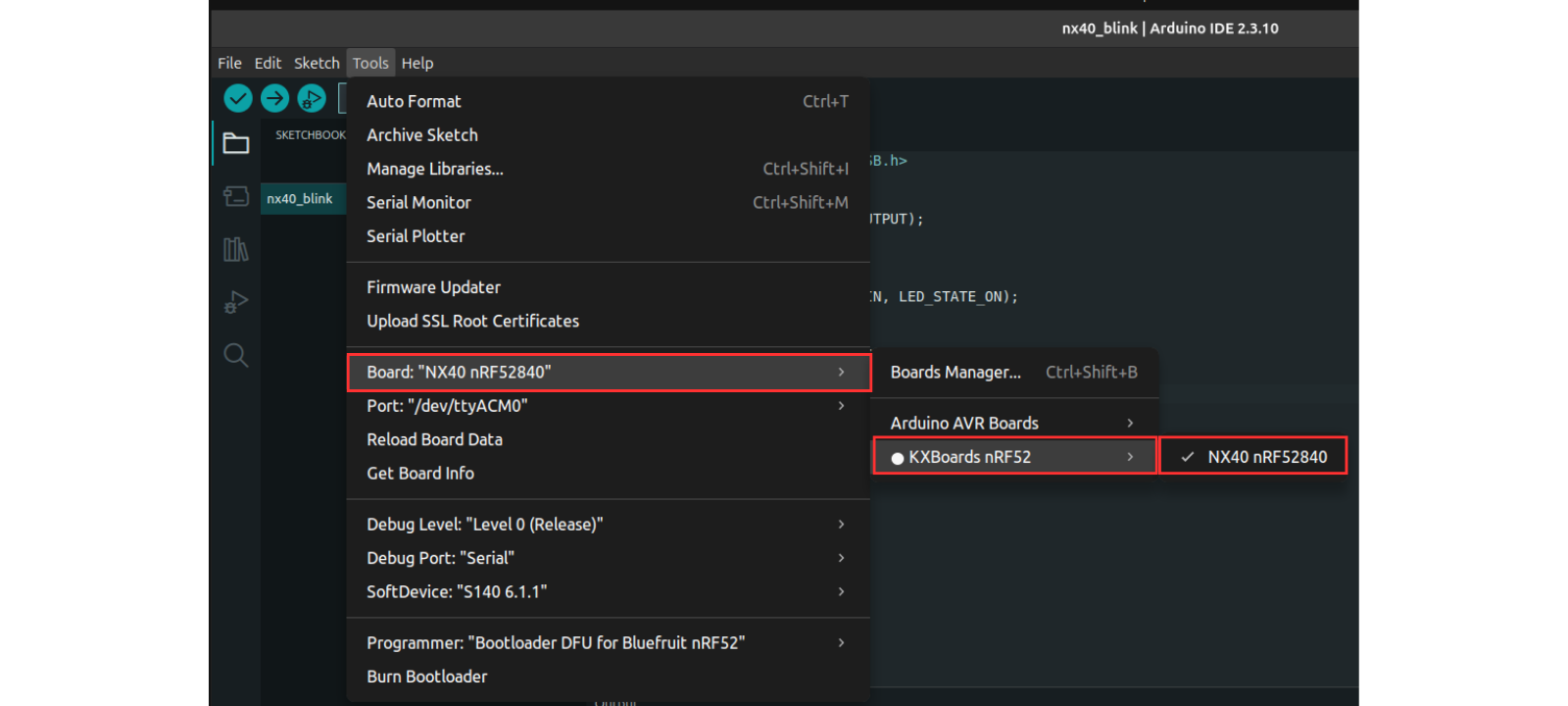Arduino IDE board and port selection for NX40