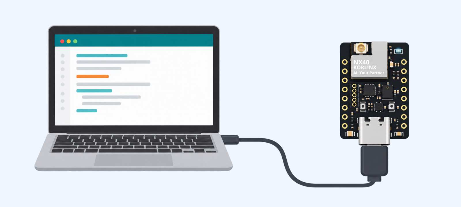 DEV-NX40 connected to a laptop using a USB data cable