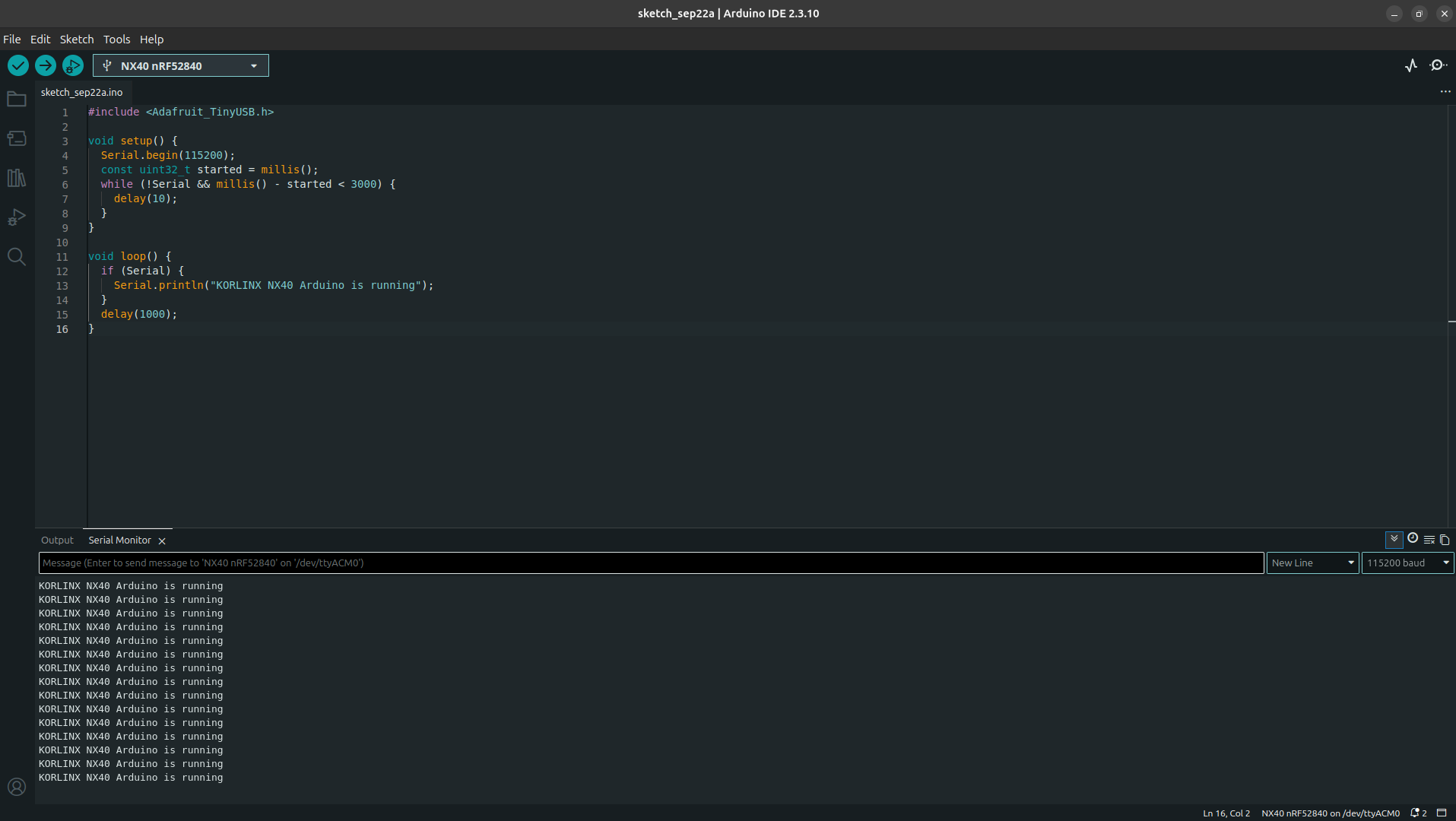 Arduino Serial Monitor showing NX40 USB Serial output at 115200 baud