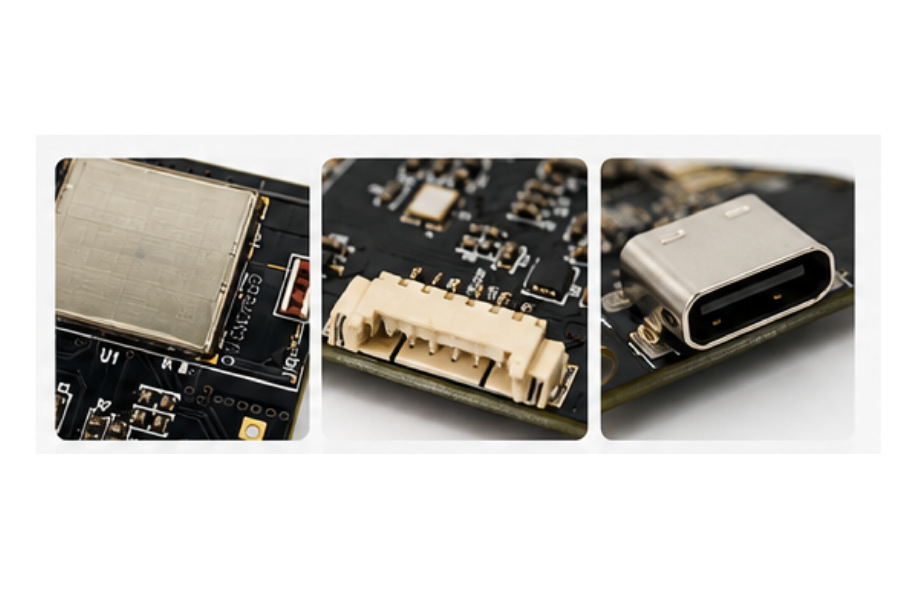 Close-up views of the AS-611Bn radar package, six-position board connector, and USB-C port